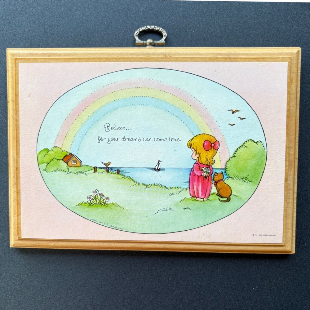 Vintage 1974 Joan Walsh Anglund Hallmark Wood Plaque Rainbow Dreams Wall Art